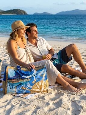 Guy Harvey Blue and Gold Marlin Canvas Beach Tote